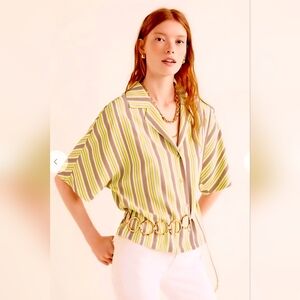MANGO • Boxy Striped Drop Shoulder Printed Short Sleeve Button Shirt • L